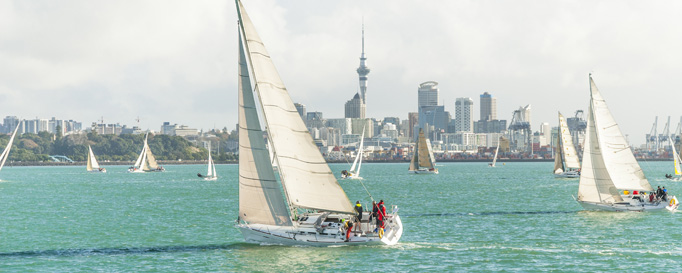 Unter Segeln: Segelboote vor städtischer Skyline