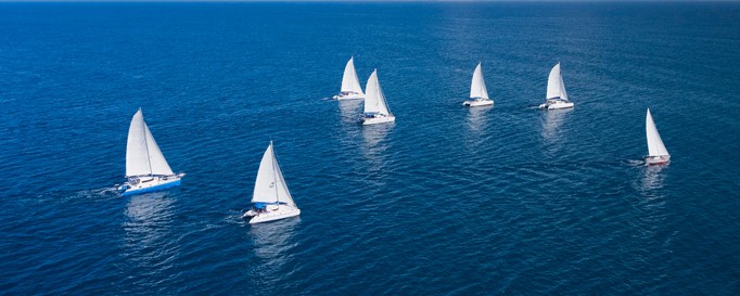 Sportbootführerschein See SBF See: 7 weiße Segelboote auf See